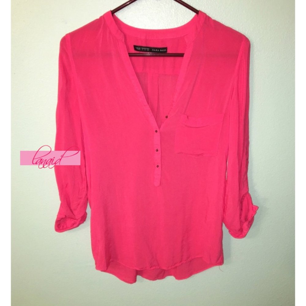 Zara Bright Watermelon Coral Button-Up Henley V-Neck Metal Button Edgy Blouse S